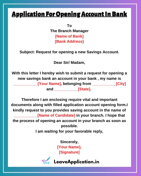 application letter for opening bank account