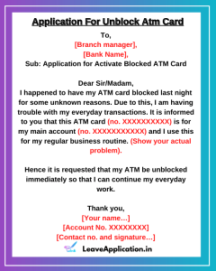 application letter for debit card blocked